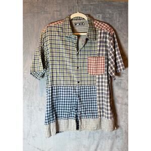 FIZZ Patchwork Plaid Button Up Shirt Mens Large Colorblock Cotton Short Sleeve